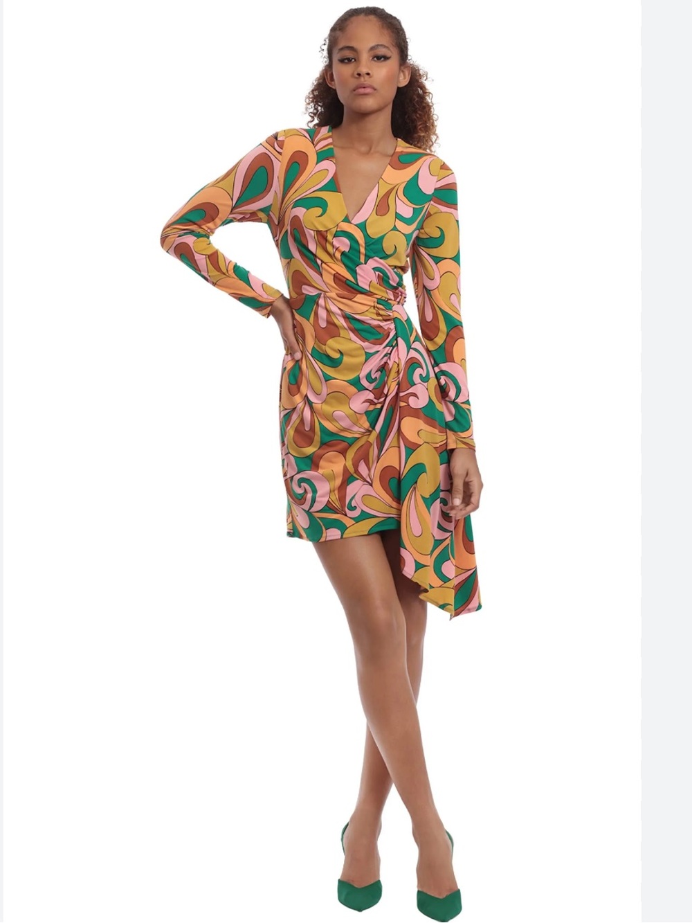 Donna Morgan Retro Swirl Print Faux Wrap Dress Asymmetrical Sz 8 Party 70s style